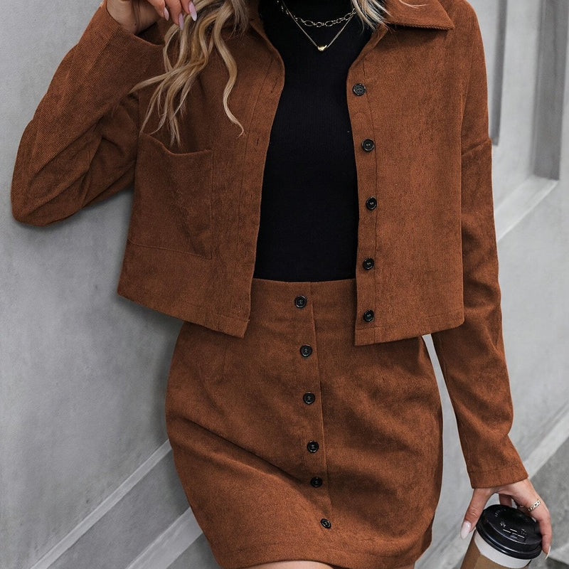 Elegant Corduroy Women's Set with Jacket and Skirt – Stylish for Spring & Autumn