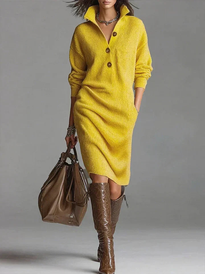 Ladies' Midi Dress with Buttons and Ribbed Texture