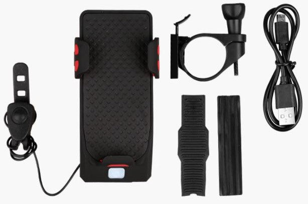 Bicycle Phone Holder with Twin LED Lights, Horn and USB Power Bank