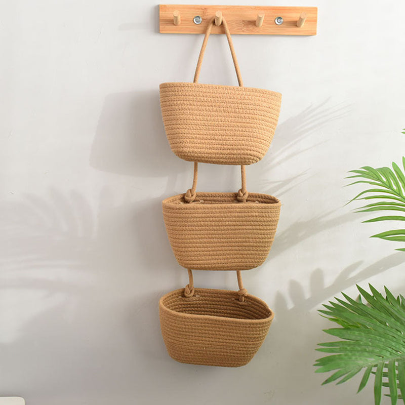 Three-Tier Woven Cotton Hanging Baskets for Wall Storage