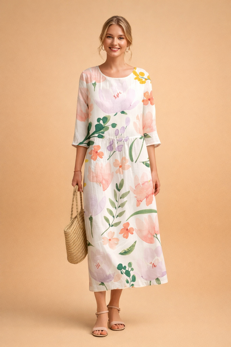 Ladies Elegant Midi Dress with Floral Print and Airy Fit