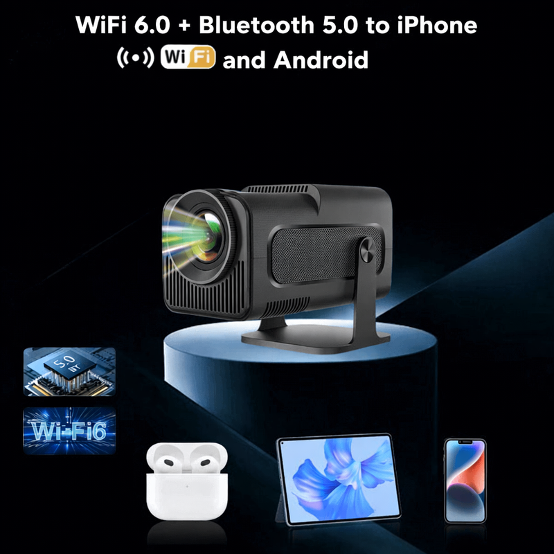 Full HD Mini Projector with Wireless Connectivity and Rotating Stand