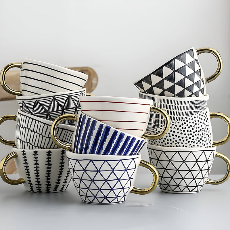 Geometric Ceramic Mug with Gold-Tone Handle for Coffee, Tea and Espresso