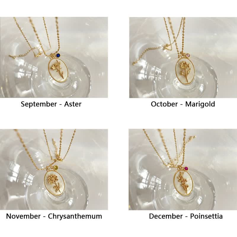 Necklace with Birth Flower Pendant and Decorative Birthstone