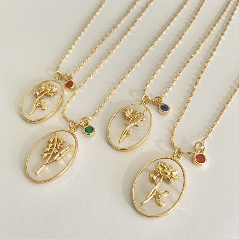 Necklace with Birth Flower Pendant and Decorative Birthstone