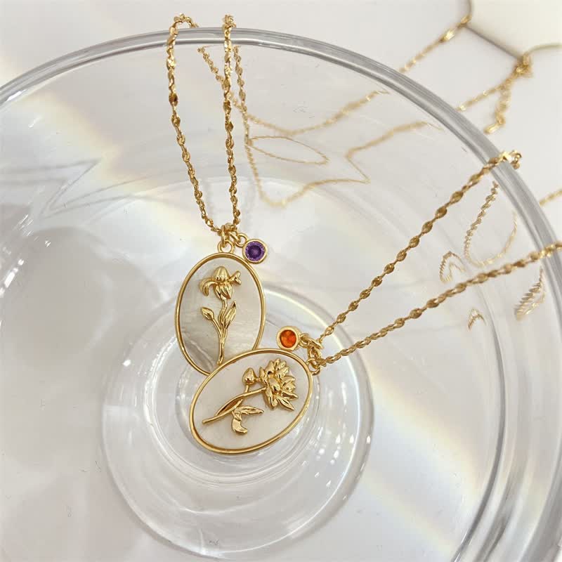 Necklace with Birth Flower Pendant and Decorative Birthstone