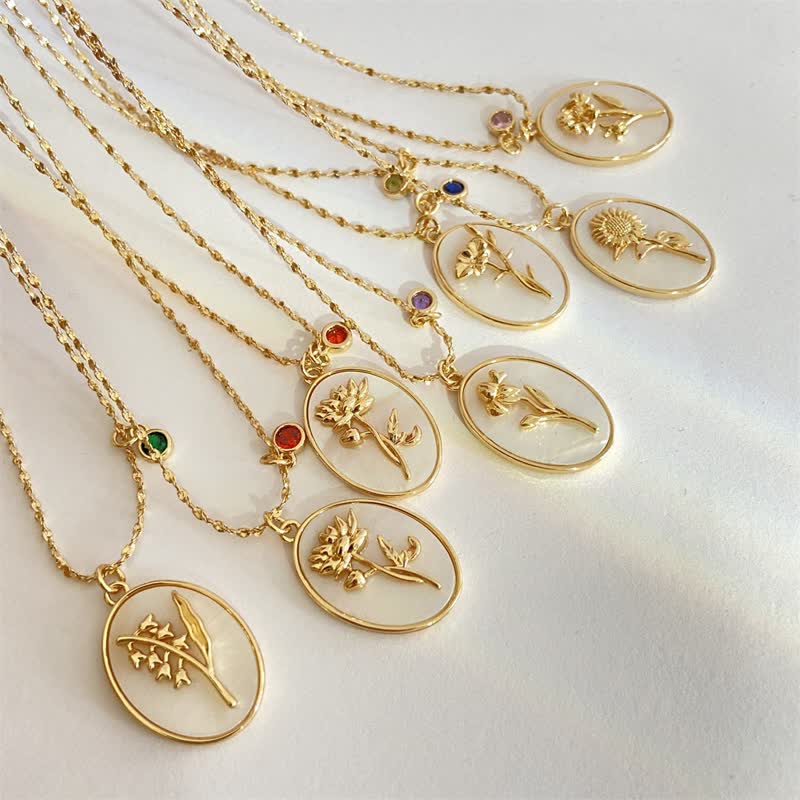 Necklace with Birth Flower Pendant and Decorative Birthstone