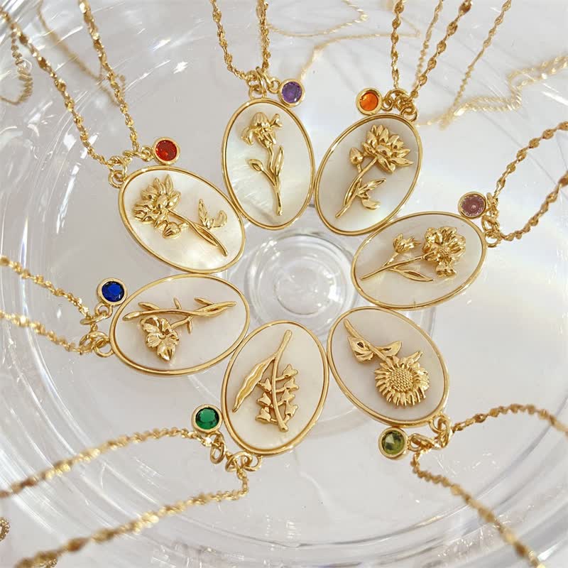 Necklace with Birth Flower Pendant and Decorative Birthstone