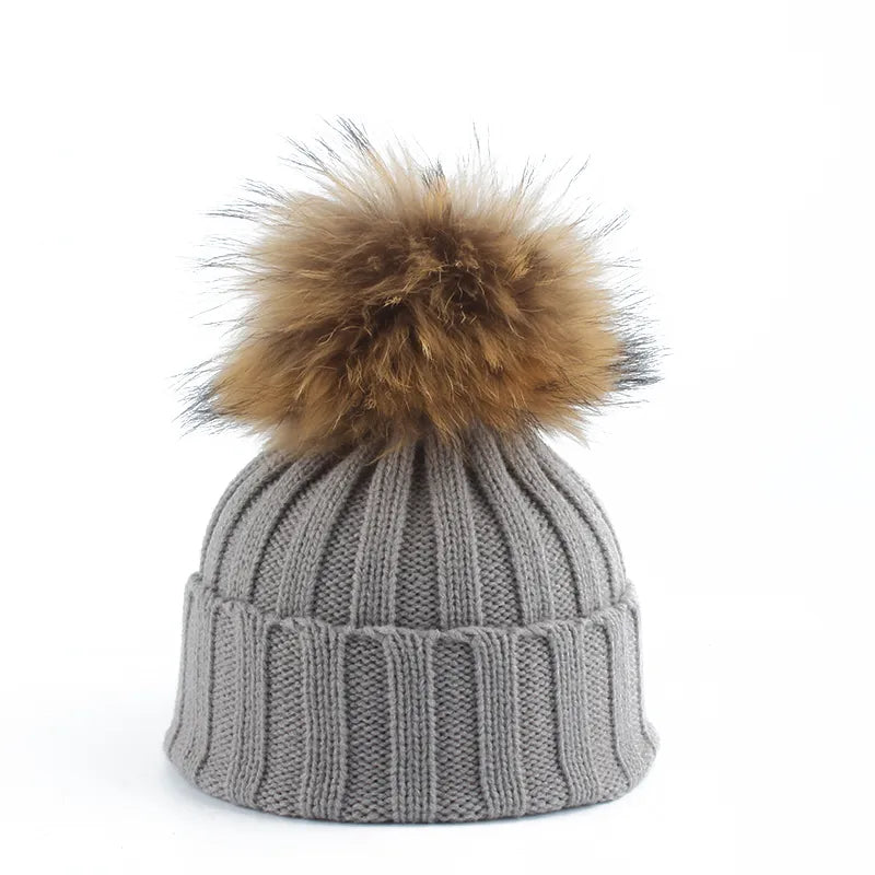 Knitted Ribbed Beanie with Faux-Fur Pom-Pom