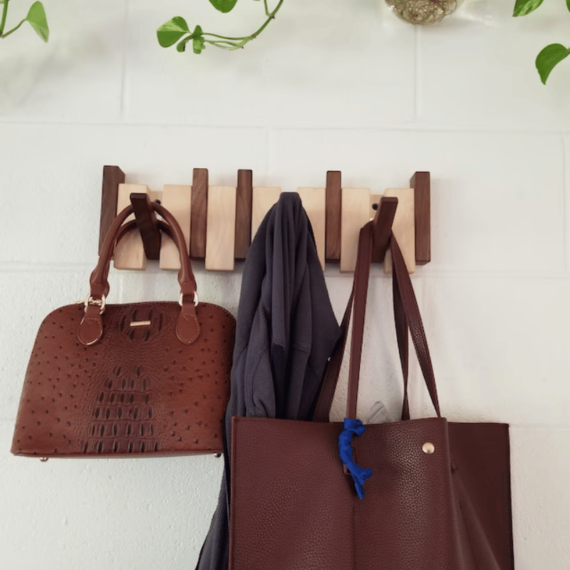 Wall-Mounted Wooden Coat Rack with Foldable Magnetic Hooks
