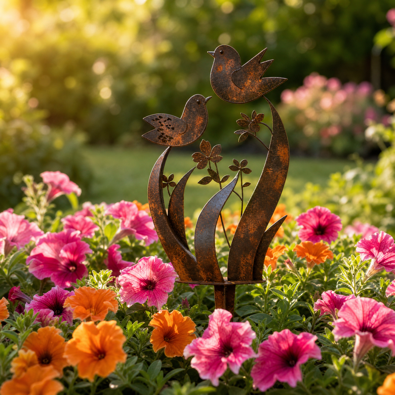 Rustic Bird & Wildflower Iron Garden Stake