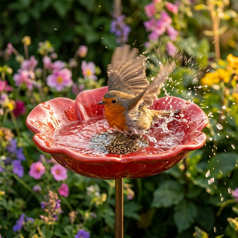 Poppy Flower Garden Bird Bath with Ground Stake