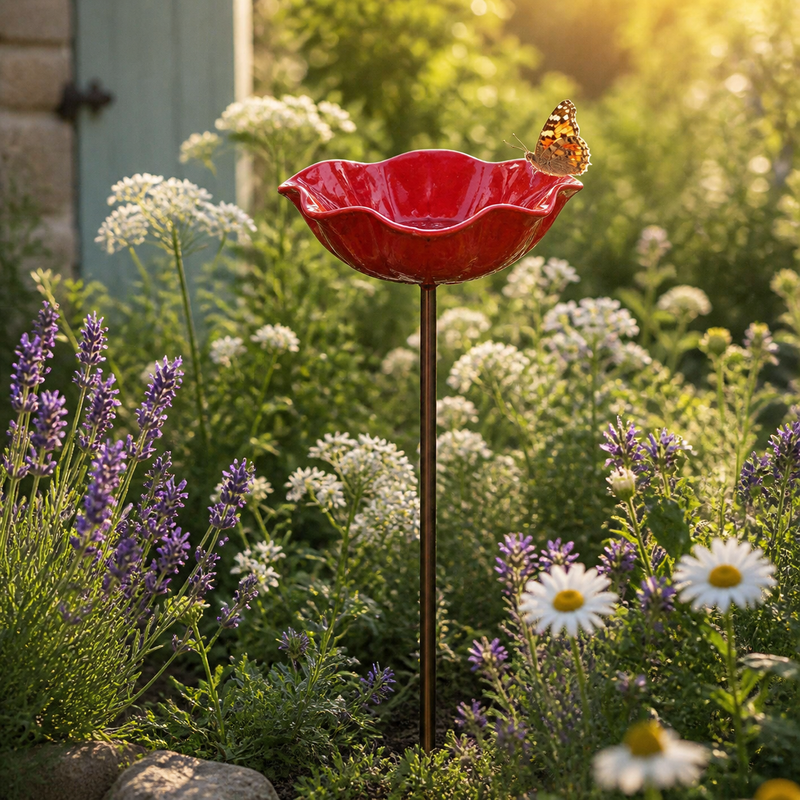 Poppy Flower Metal Bird Bath with Ground Stake