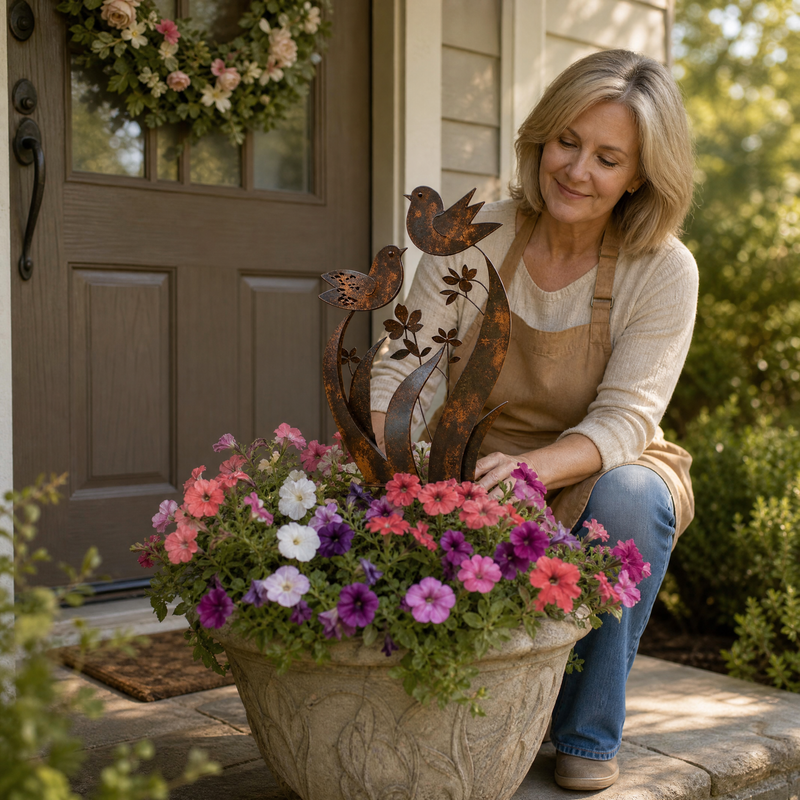 Rustic Bird & Wildflower Iron Garden Stake