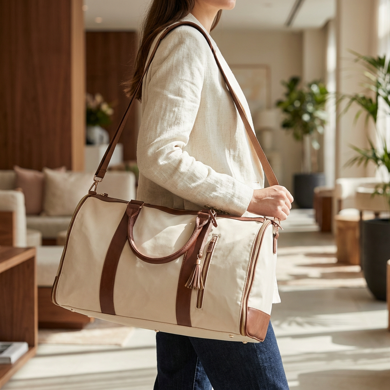 Foldable PU Leather Weekend Travel Bag with Shoulder Straps