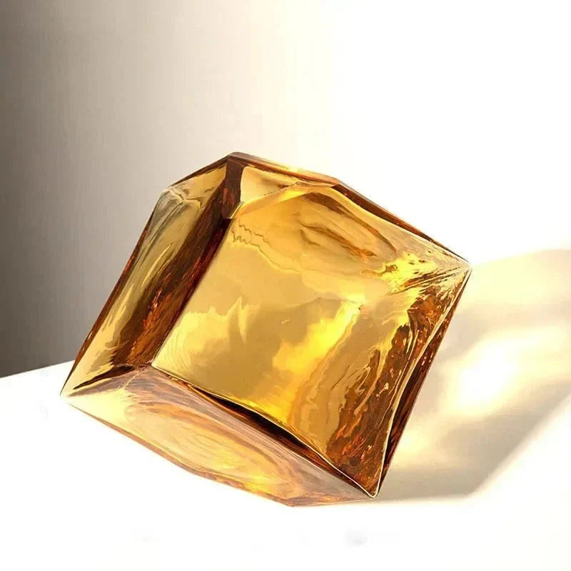 Amber Hammered Glass Cube Vase with Geometric Design