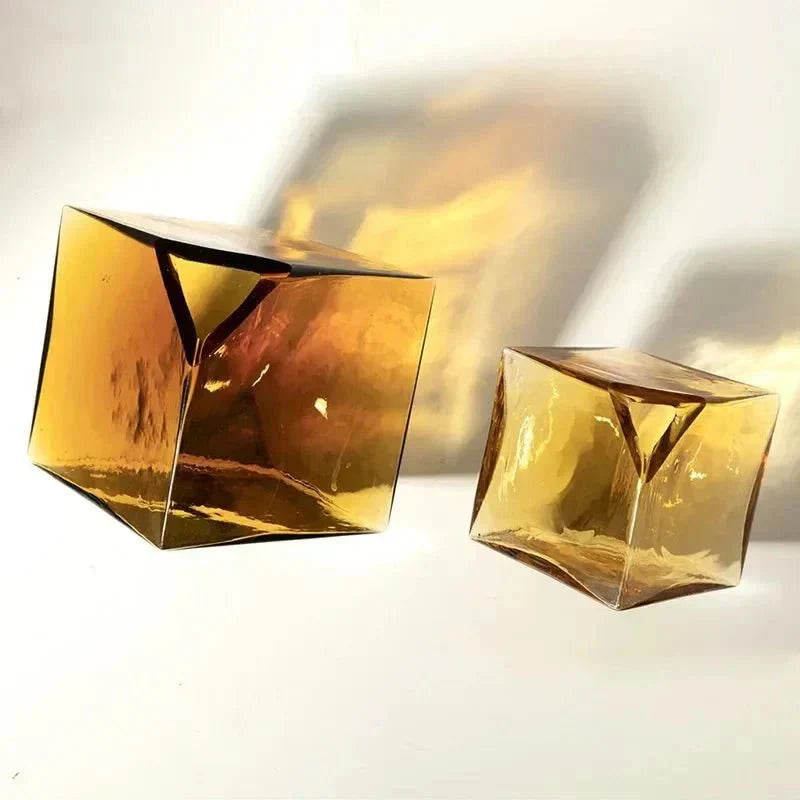 Amber Hammered Glass Cube Vase with Geometric Design