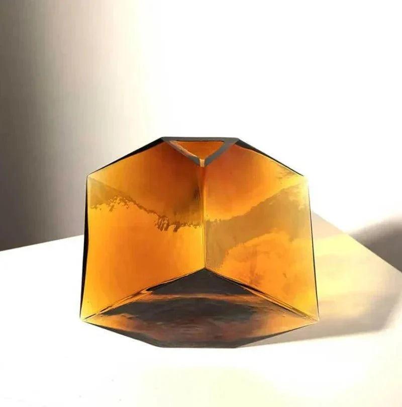 Amber Hammered Glass Cube Vase with Geometric Design