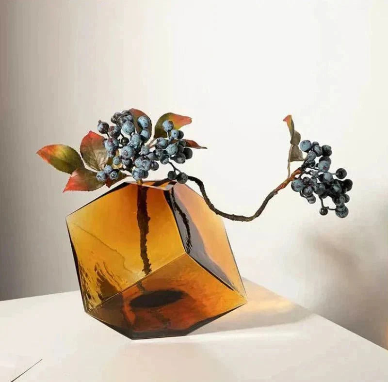 Amber Hammered Glass Cube Vase with Geometric Design