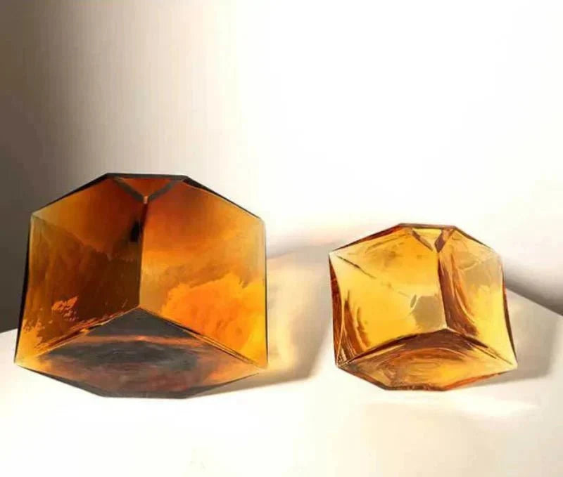 Amber Hammered Glass Cube Vase with Geometric Design