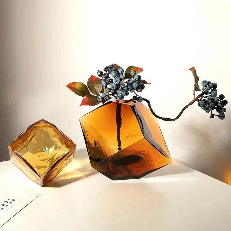 Amber Hammered Glass Cube Vase with Geometric Design