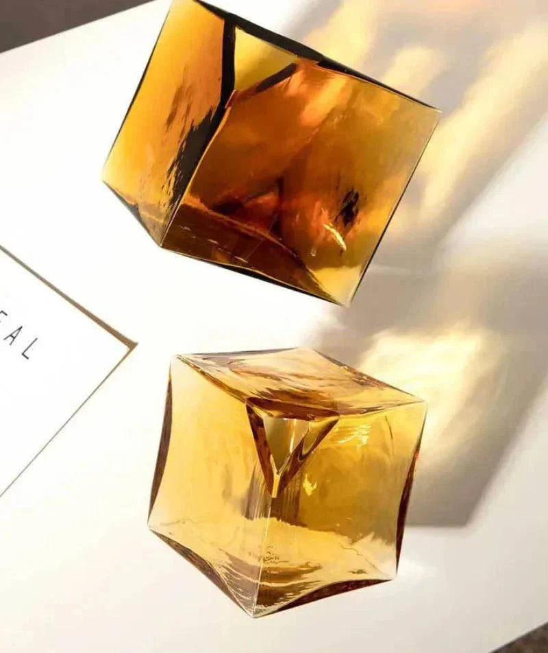 Amber Hammered Glass Cube Vase with Geometric Design