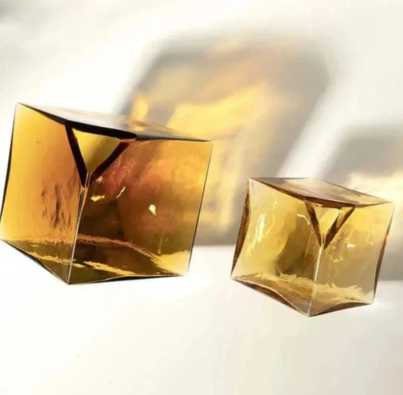 Amber Hammered Glass Cube Vase with Geometric Design