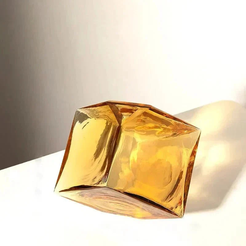 Amber Hammered Glass Cube Vase with Geometric Design