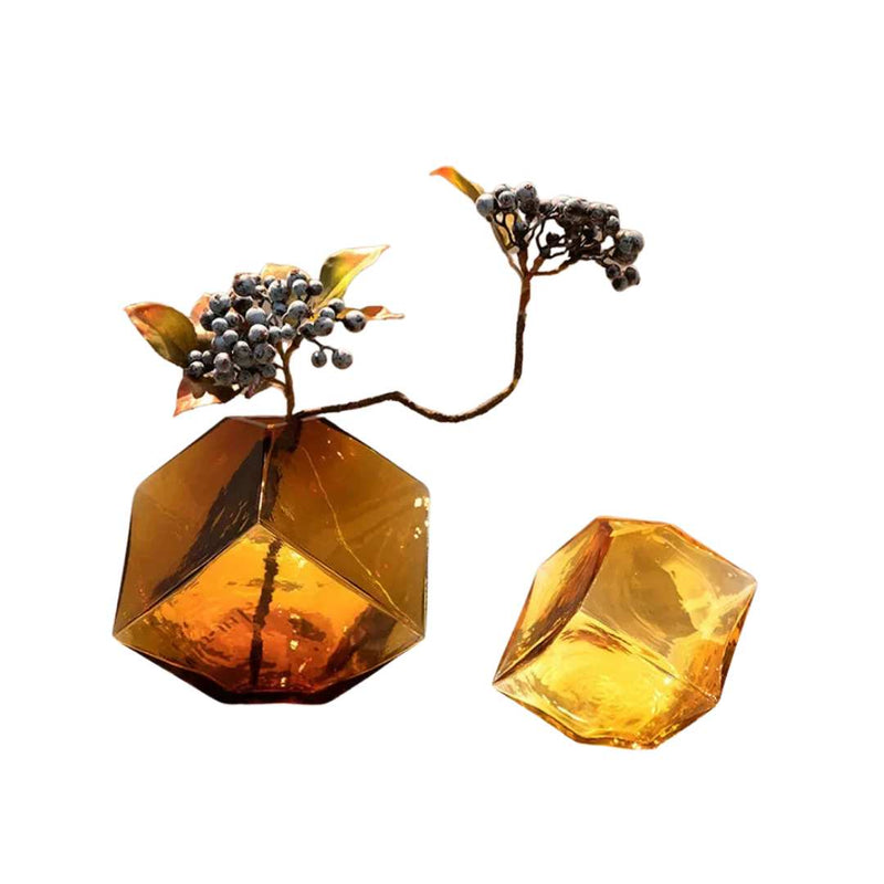 Amber Hammered Glass Cube Vase with Geometric Design