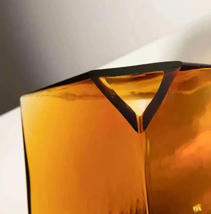 Amber Hammered Glass Cube Vase with Geometric Design