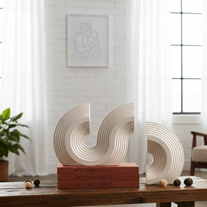Sculptural Ribbed Ceramic Arch Bookends Two-Piece Set