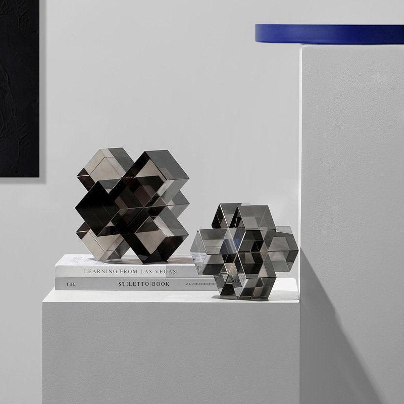 Geometric Interlocking Crystal Cube Sculpture and Paperweight