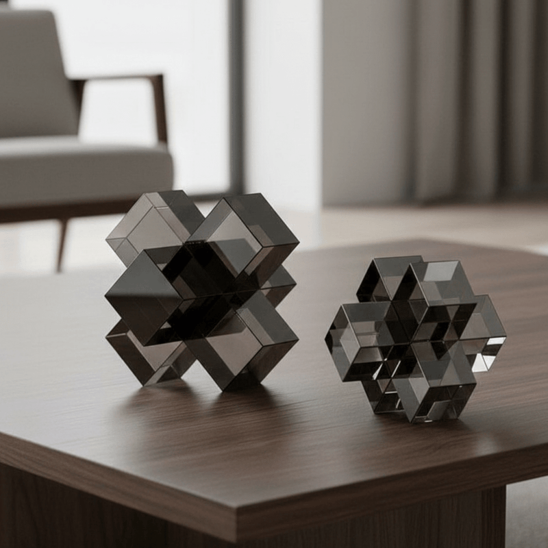 Geometric Interlocking Crystal Cube Sculpture and Paperweight