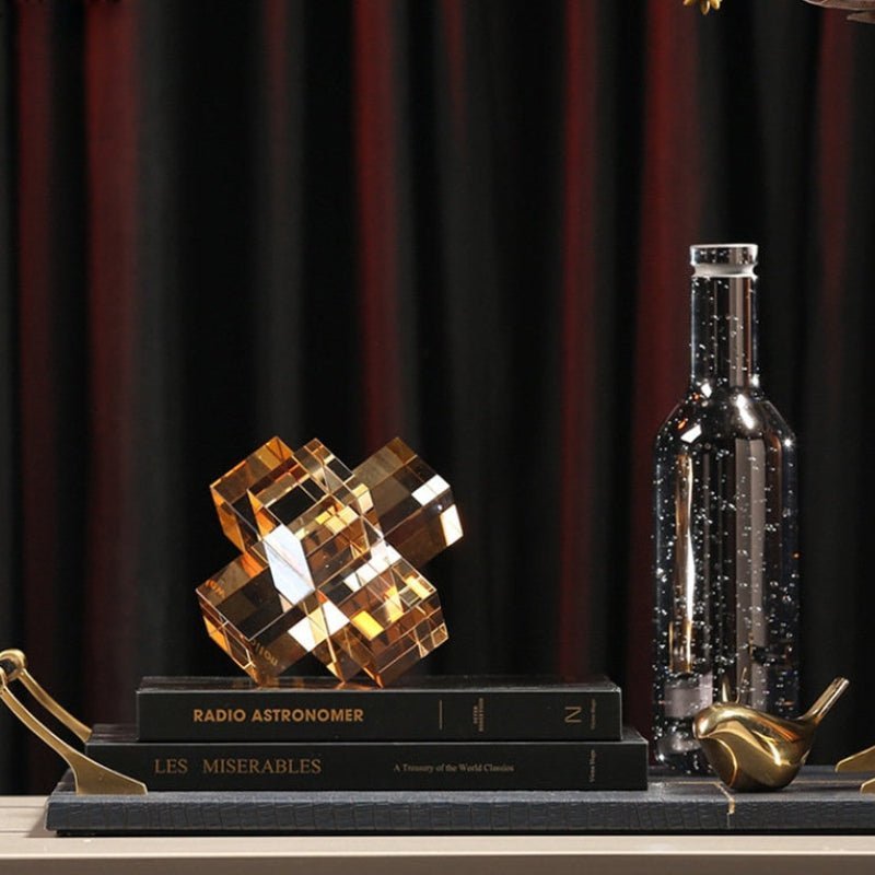 Geometric Interlocking Crystal Cube Sculpture and Paperweight