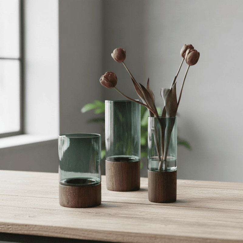 Modern Wood and Acrylic Cylindrical Flower Vase