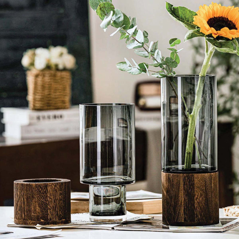 Modern Wood and Acrylic Cylindrical Flower Vase