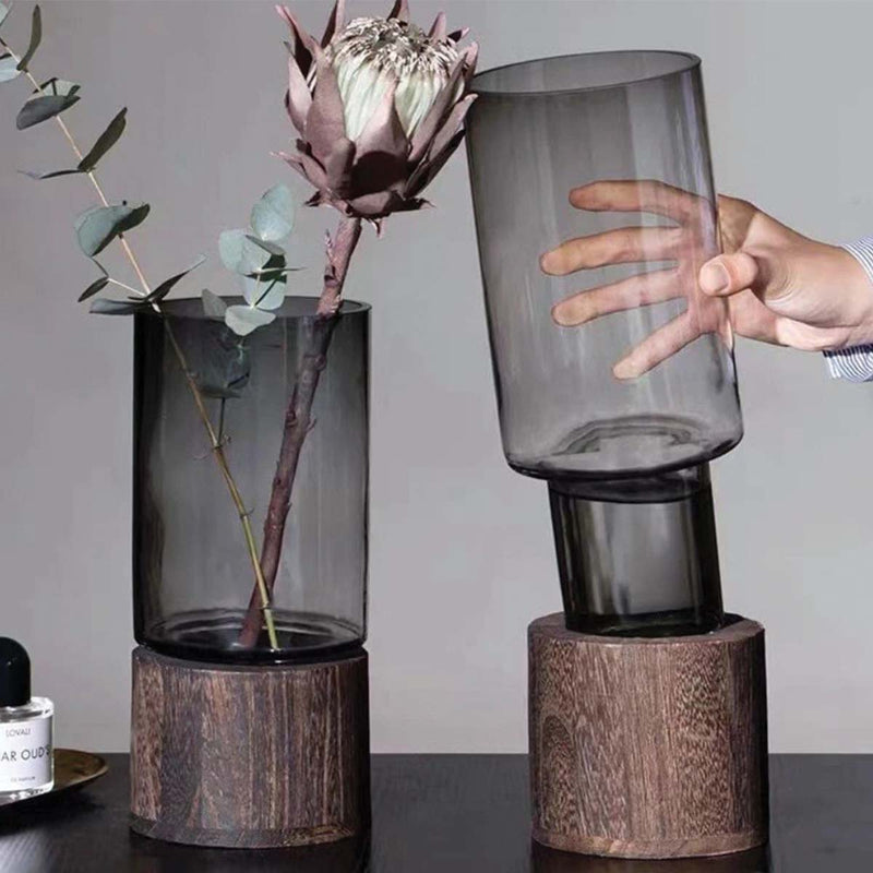 Modern Wood and Acrylic Cylindrical Flower Vase