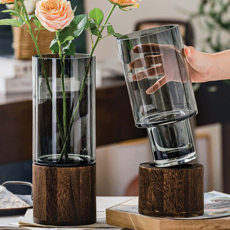 Modern Wood and Acrylic Cylindrical Flower Vase