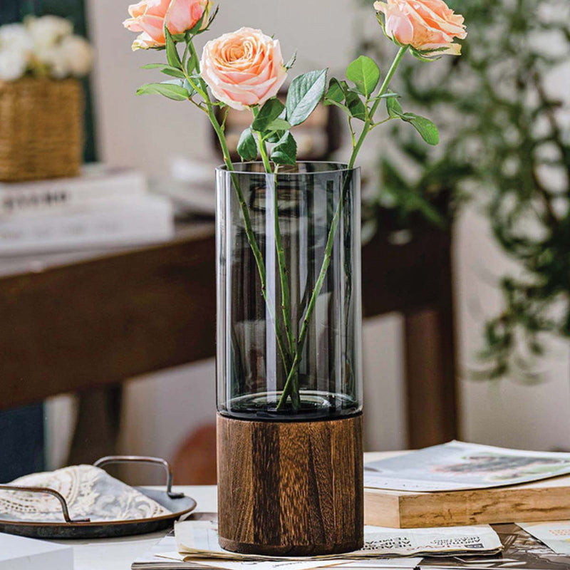 Modern Wood and Acrylic Cylindrical Flower Vase