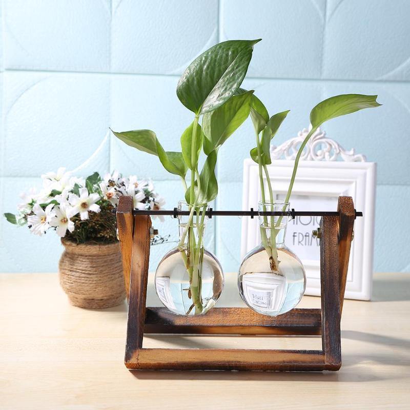 Wooden Plant Propagation Station with Clear Glass Vases