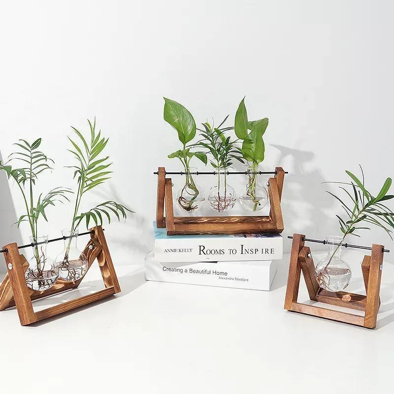 Wooden Plant Propagation Station with Clear Glass Vases