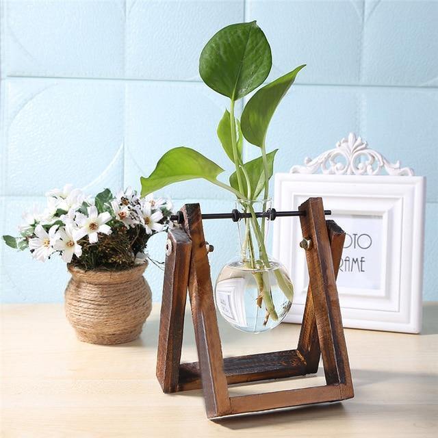 Wooden Plant Propagation Station with Clear Glass Vases