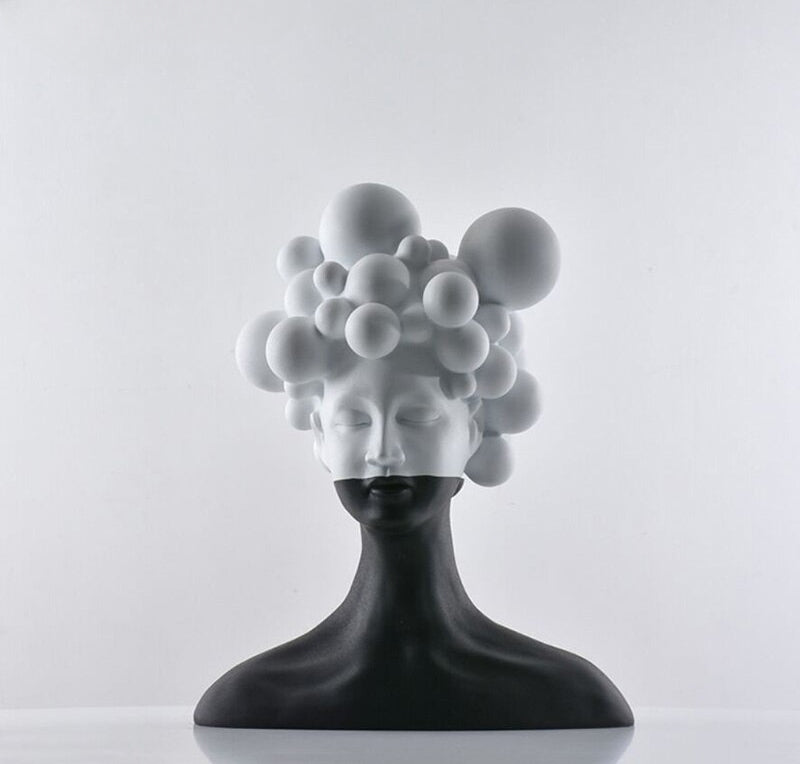 Abstract Female Resin Bust Sculpture with Bubble Hair Design