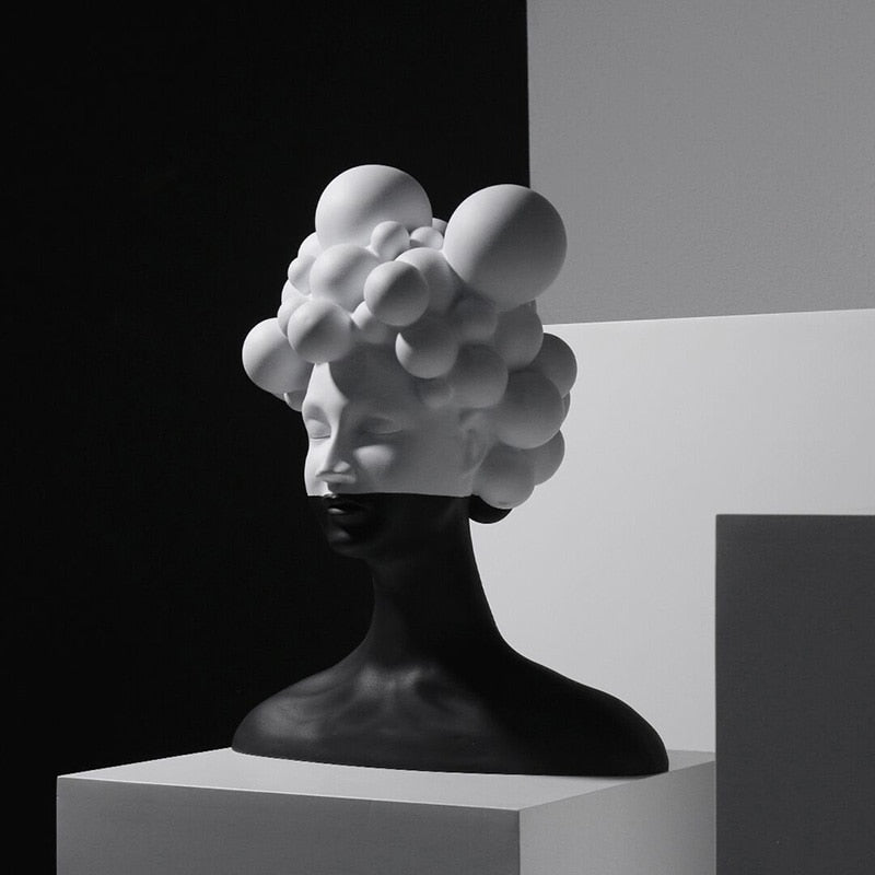 Abstract Female Resin Bust Sculpture with Bubble Hair Design