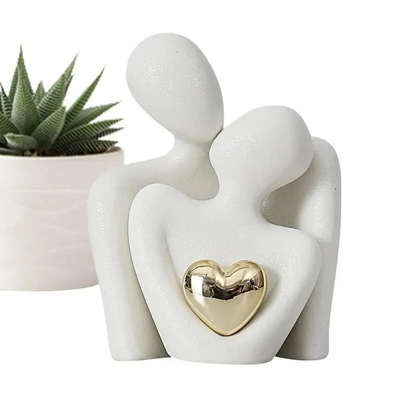 Abstract Couple Ceramic Sculpture with Gold Heart Detail