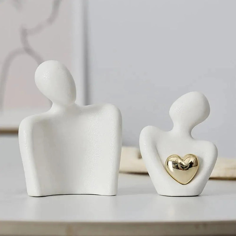 Abstract Couple Ceramic Sculpture with Gold Heart Detail