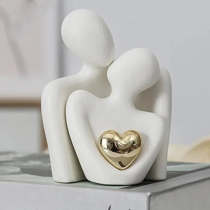 Abstract Couple Ceramic Sculpture with Gold Heart Detail