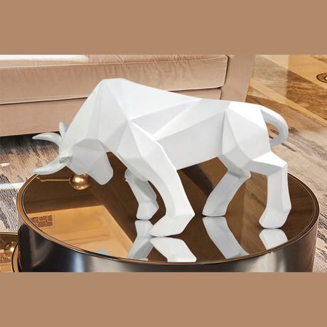 Geometric Charging Bull Resin Sculpture with Wooden Base