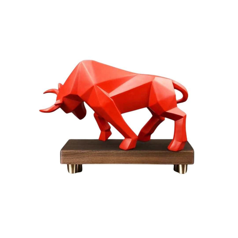 Geometric Charging Bull Resin Sculpture with Wooden Base