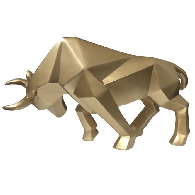 Geometric Charging Bull Resin Sculpture with Wooden Base